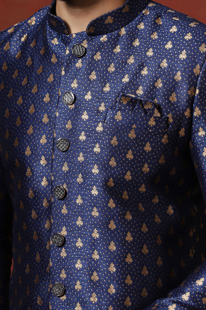 Dark Blue Printed Cotton Blend Sherwani Set
