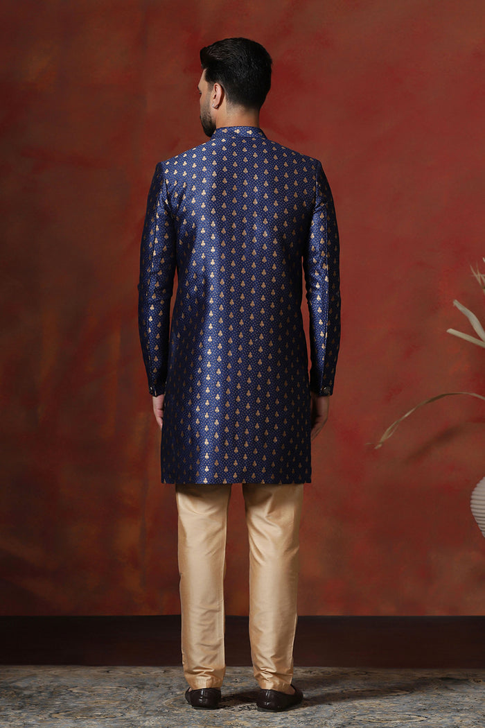 Dark Blue Printed Cotton Blend Sherwani Set