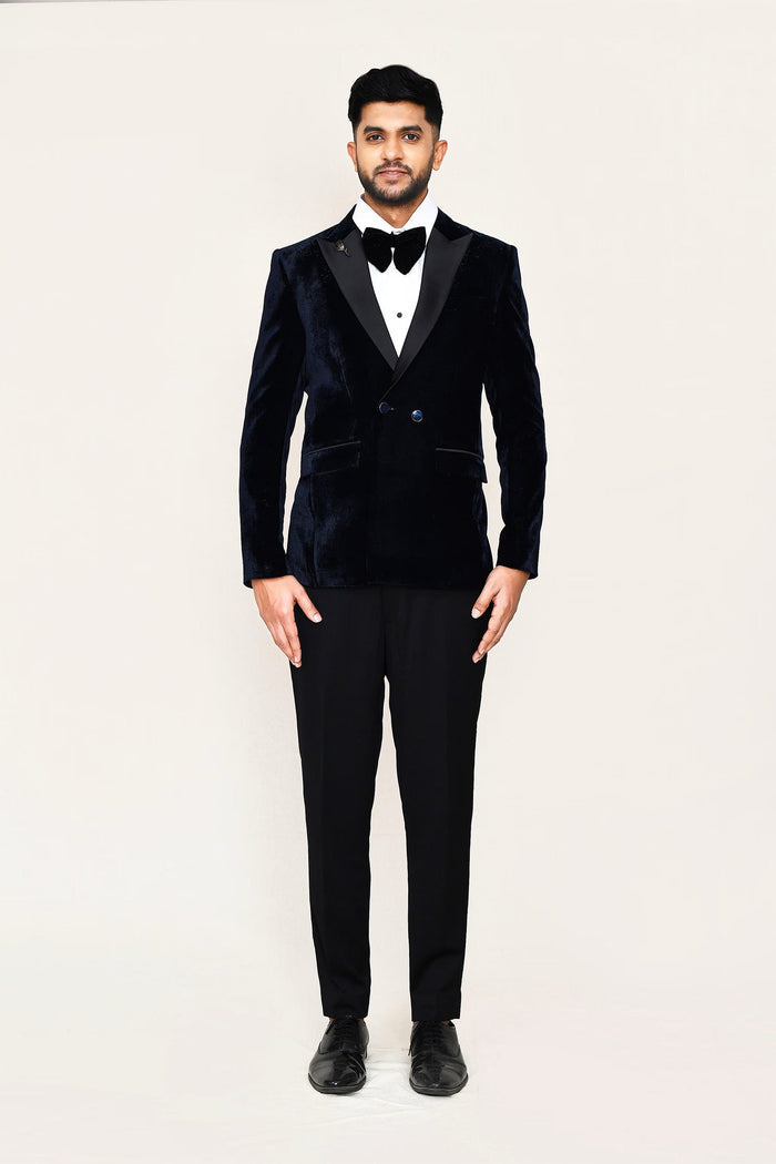 Dark Blue Velvet Three Piece Suit Set