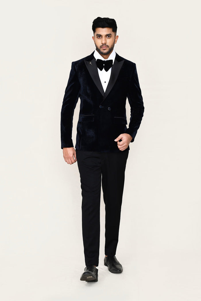Dark Blue Velvet Three Piece Suit Set