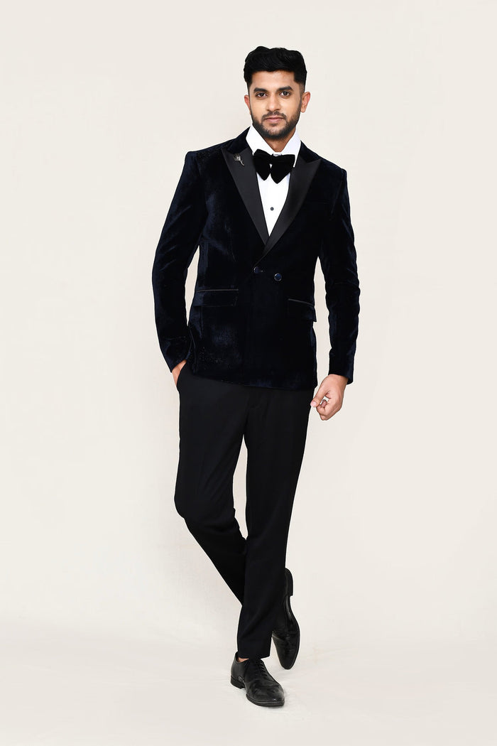 Dark Blue Velvet Three Piece Suit Set
