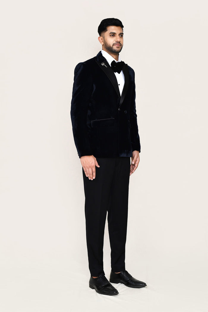 Dark Blue Velvet Three Piece Suit Set