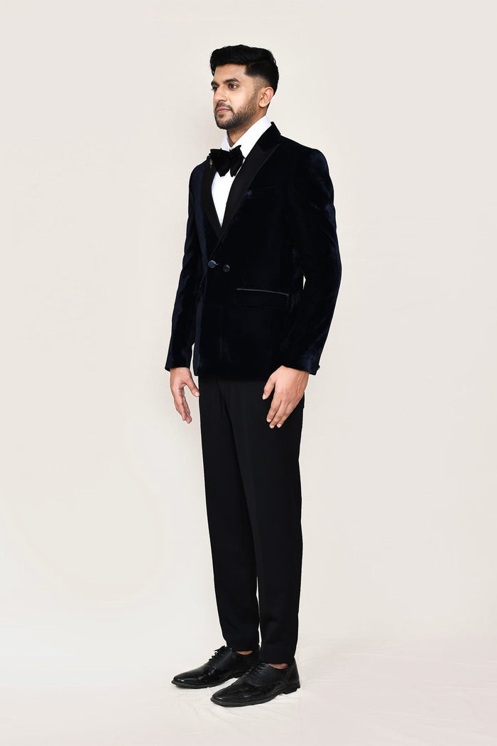 Dark Blue Velvet Three Piece Suit Set
