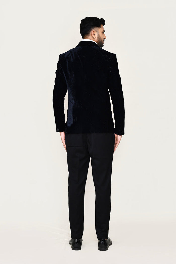 Dark Blue Velvet Three Piece Suit Set