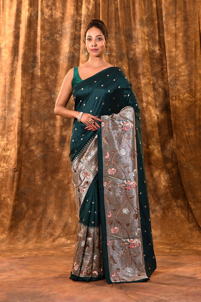Dark Bottle Green Butti Embroidered Silk Saree