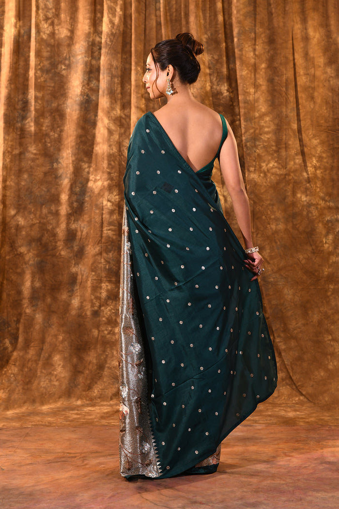 Dark Bottle Green Butti Embroidered Silk Saree