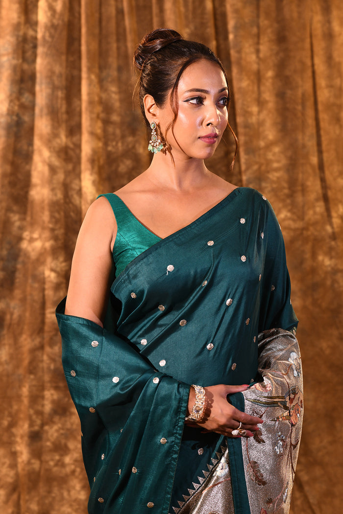 Dark Bottle Green Butti Embroidered Silk Saree