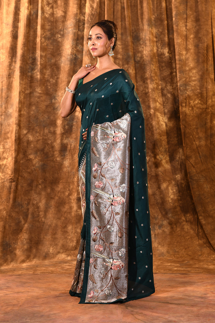 Dark Bottle Green Butti Embroidered Silk Saree