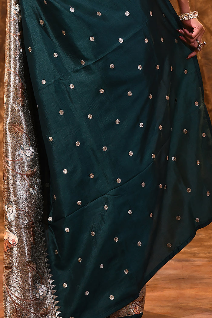 Dark Bottle Green Butti Embroidered Silk Saree