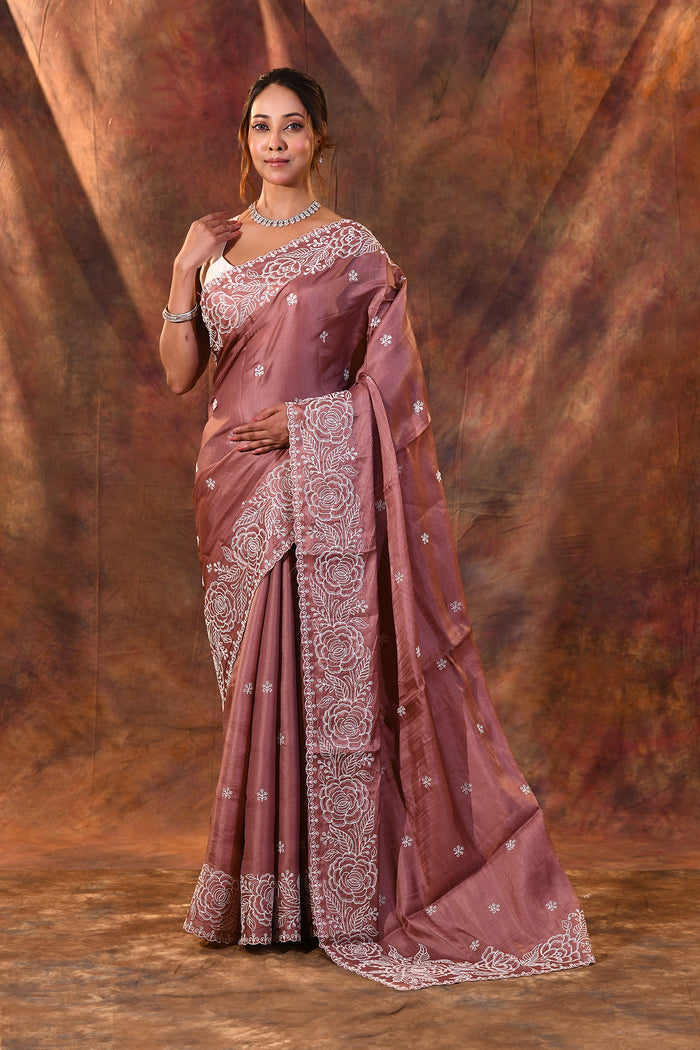 Dark Brown Floral Embroidered Silk Blend Saree