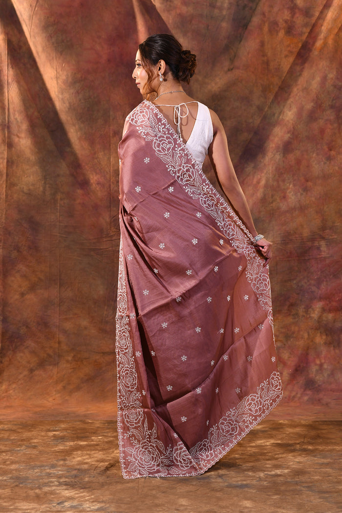 Dark Brown Floral Embroidered Silk Blend Saree