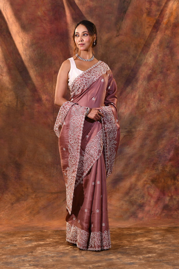 Dark Brown Floral Embroidered Silk Blend Saree