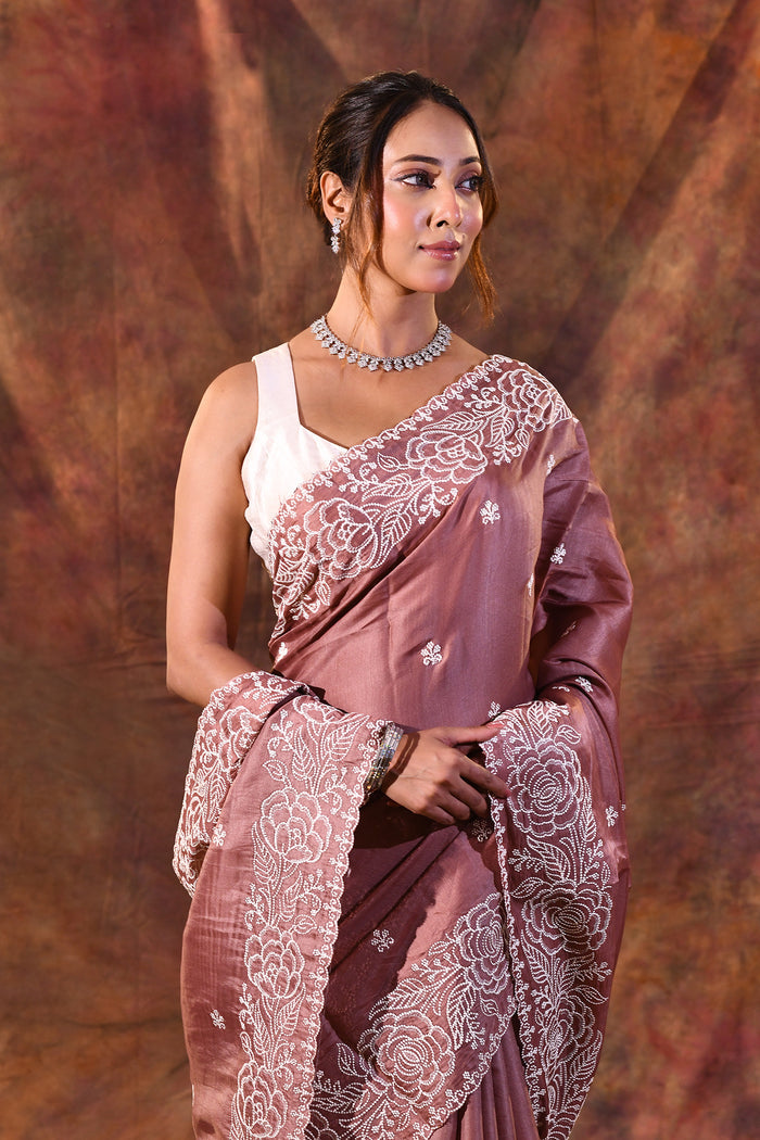 Dark Brown Floral Embroidered Silk Blend Saree