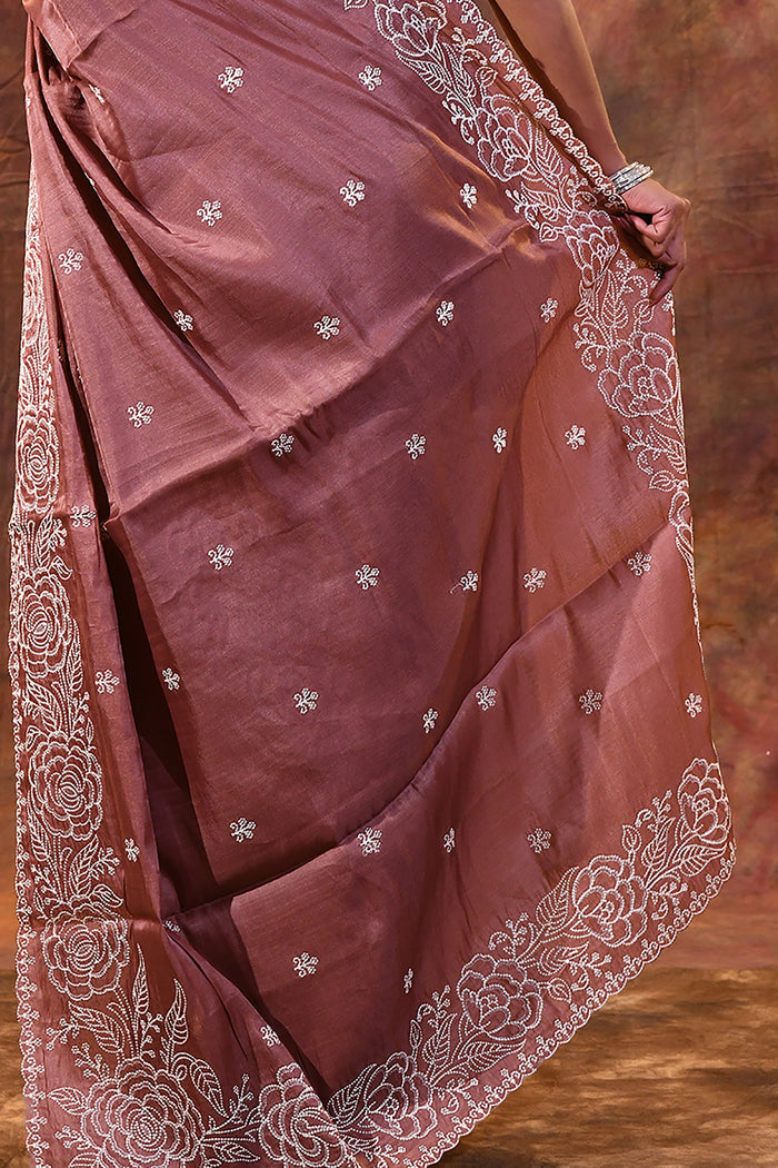 Dark Brown Floral Embroidered Silk Blend Saree