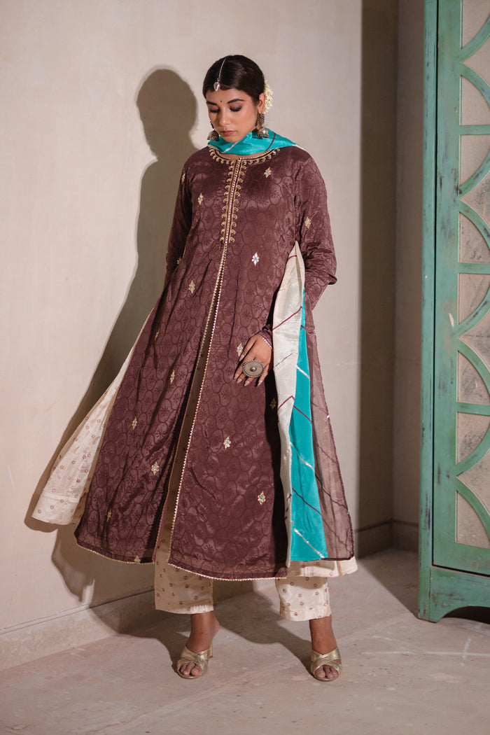 <img> Dark Brown Jacketed Chinon Suit Set