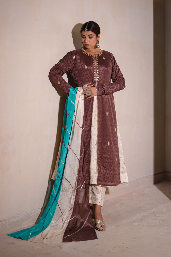 <img> Dark Brown Jacketed Chinon Suit Set