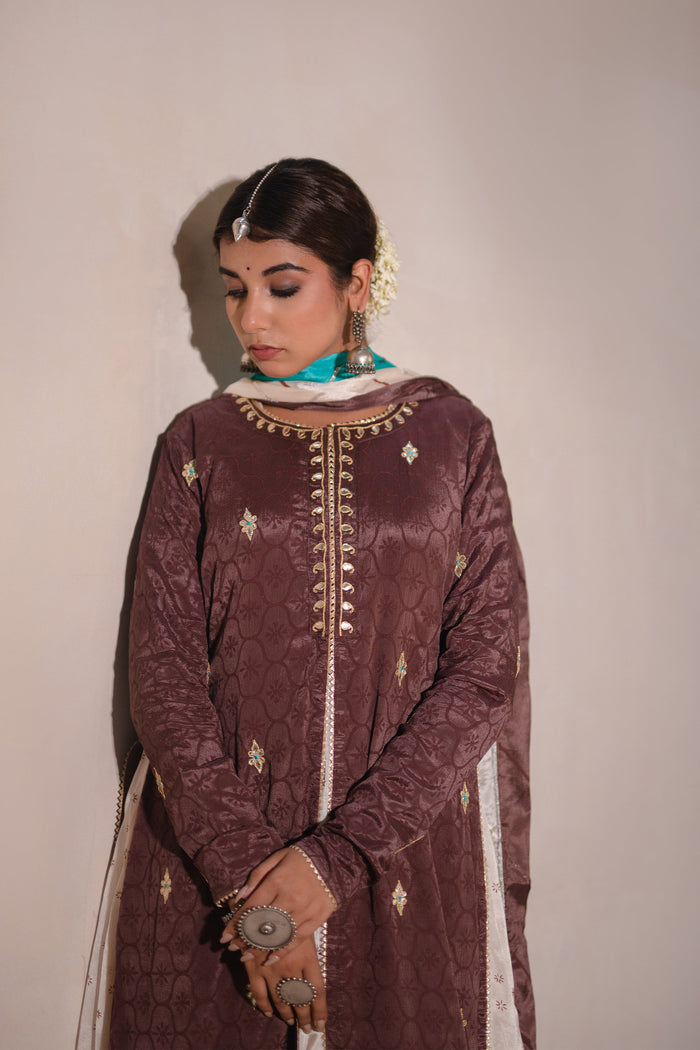 <img> Dark Brown Jacketed Chinon Suit Set