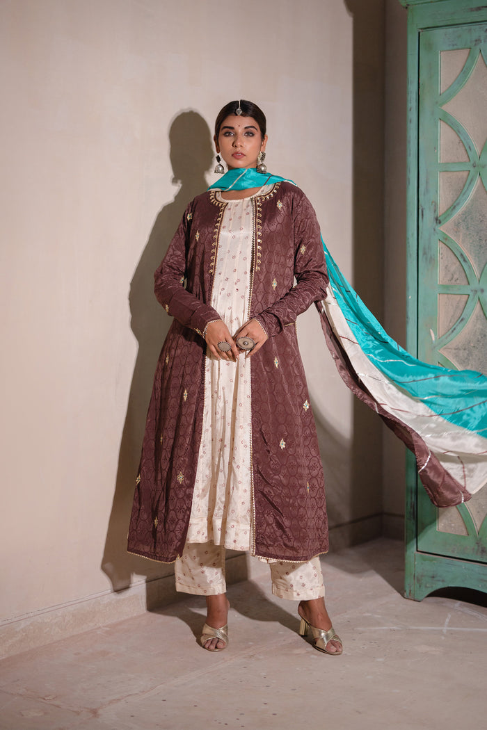 <img> Dark Brown Jacketed Chinon Suit Set