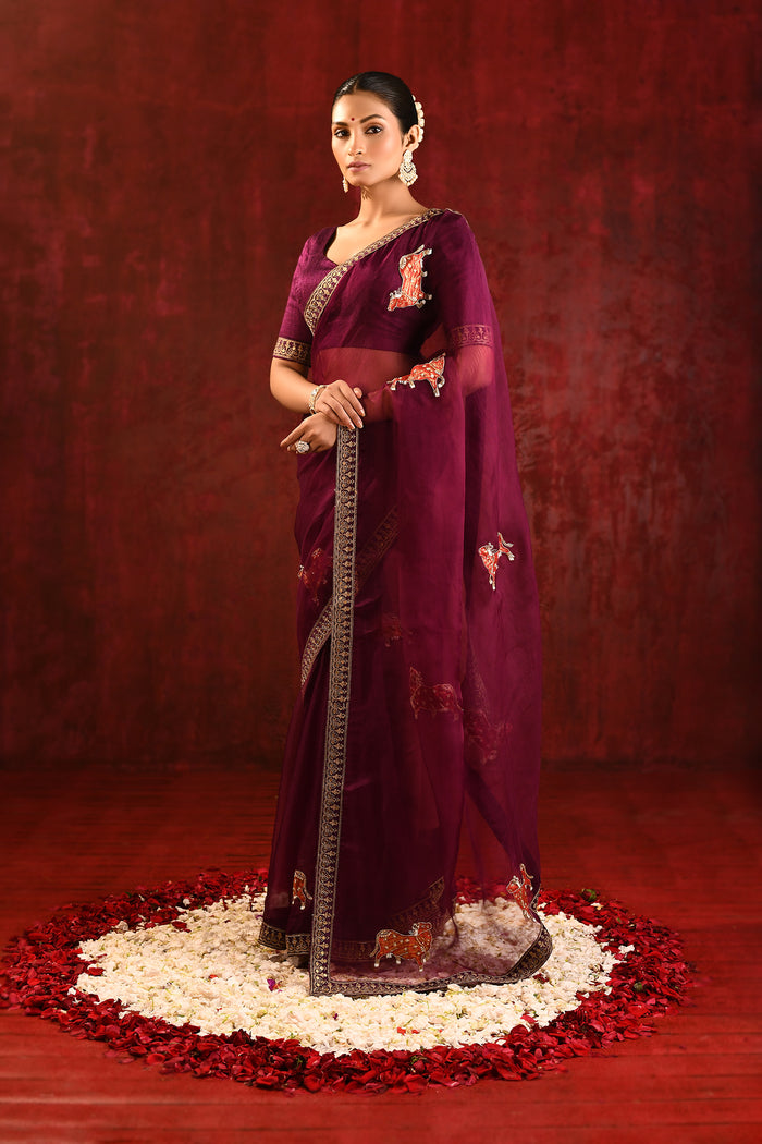 Dark Burgundy Embroidered Gomatha Organza Saree