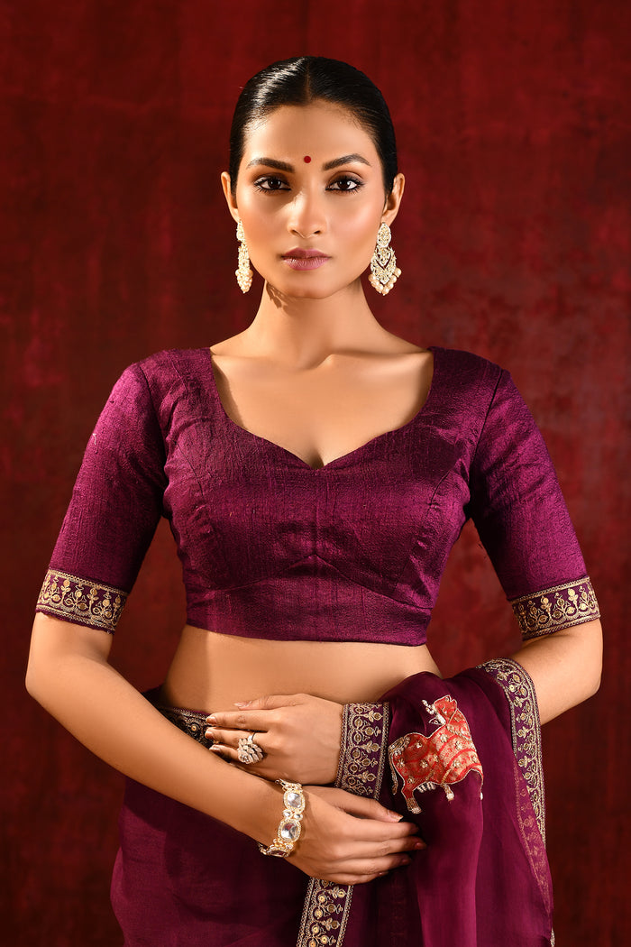 Dark Burgundy Embroidered Gomatha Organza Saree