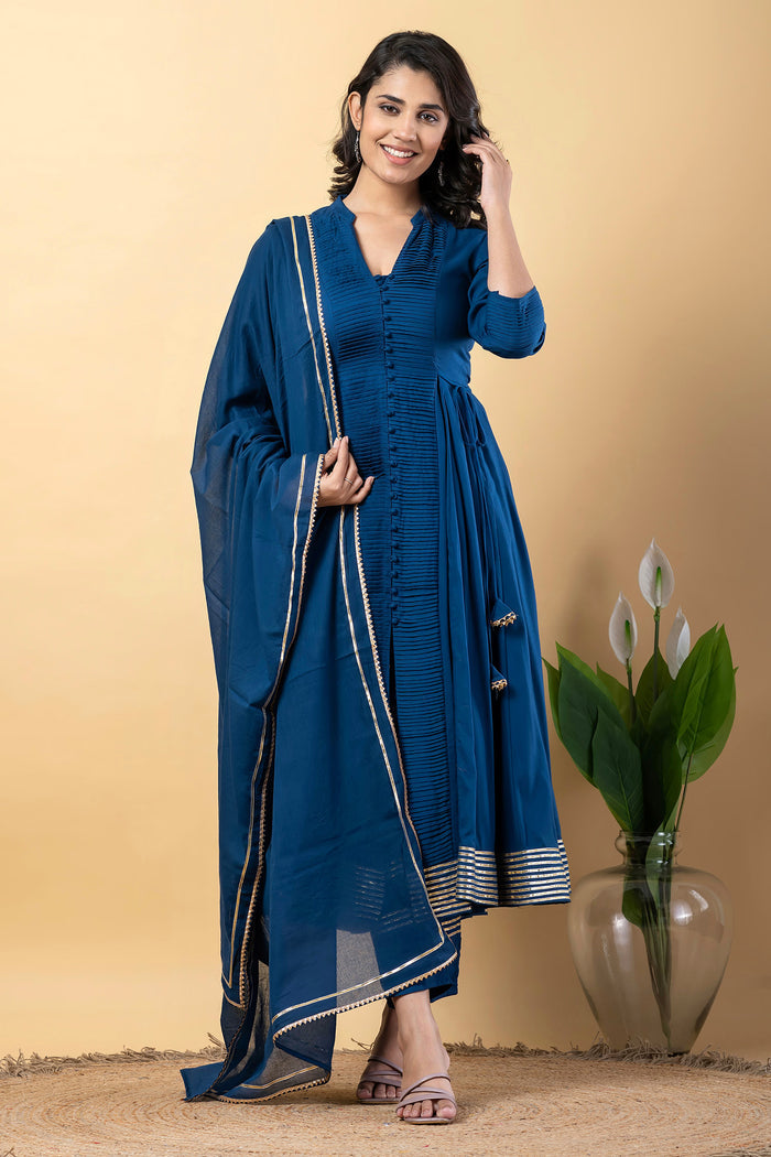 Dark Cerulean Blue Rayon Gota Work Anarkali Set