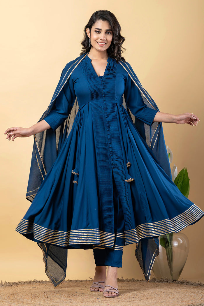 Dark Cerulean Blue Rayon Gota Work Anarkali Set