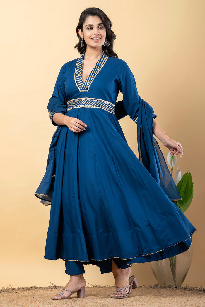 Dark Cerulean Blue Rayon Gota Work Anarkali Set