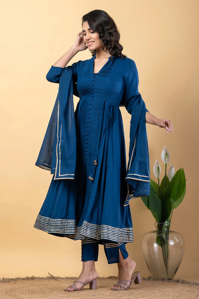 Dark Cerulean Blue Rayon Gota Work Anarkali Set