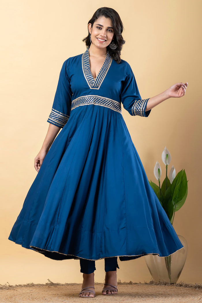 Dark Cerulean Blue Rayon Gota Work Anarkali Set