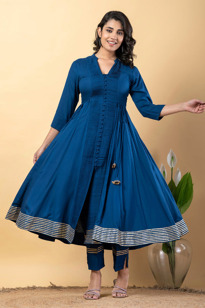 Dark Cerulean Blue Rayon Gota Work Anarkali Set