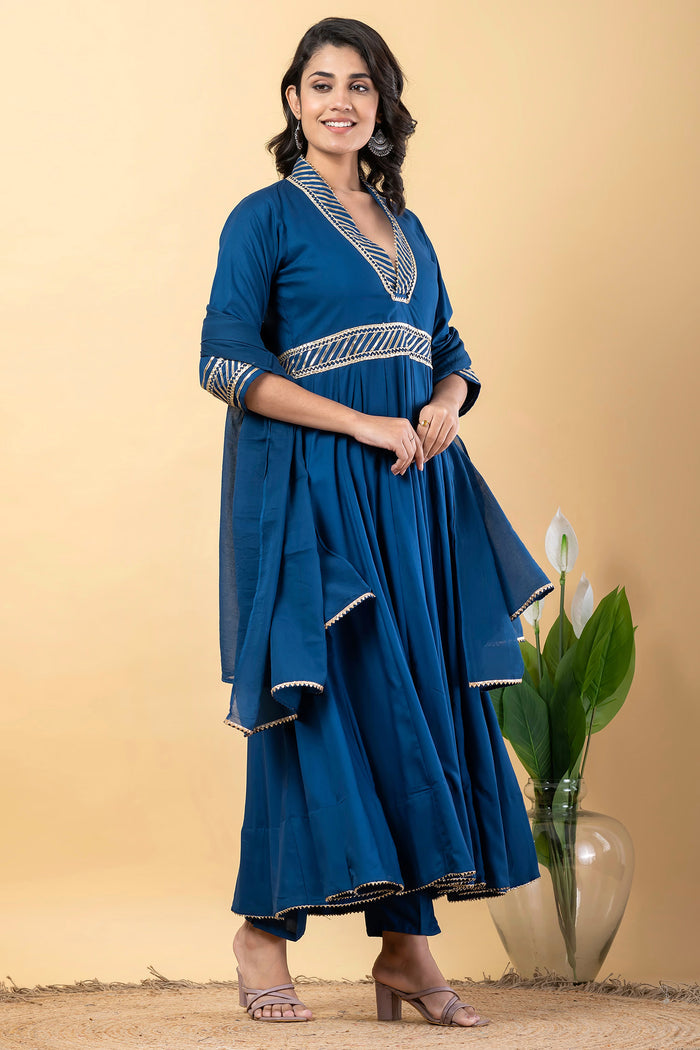 Dark Cerulean Blue Rayon Gota Work Anarkali Set