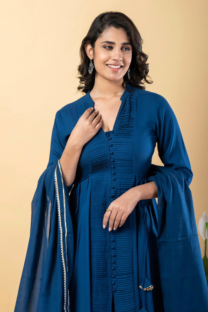 Dark Cerulean Blue Rayon Gota Work Anarkali Set