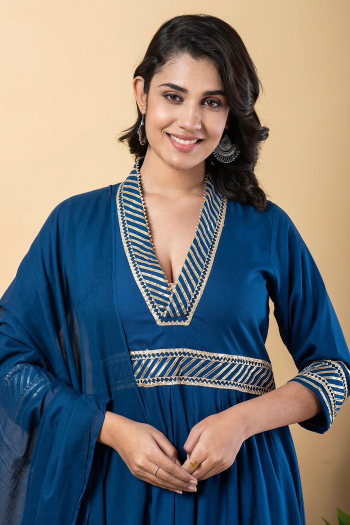 Dark Cerulean Blue Rayon Gota Work Anarkali Set