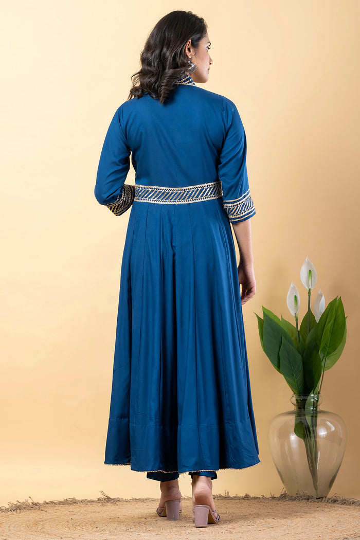 Dark Cerulean Blue Rayon Gota Work Anarkali Set