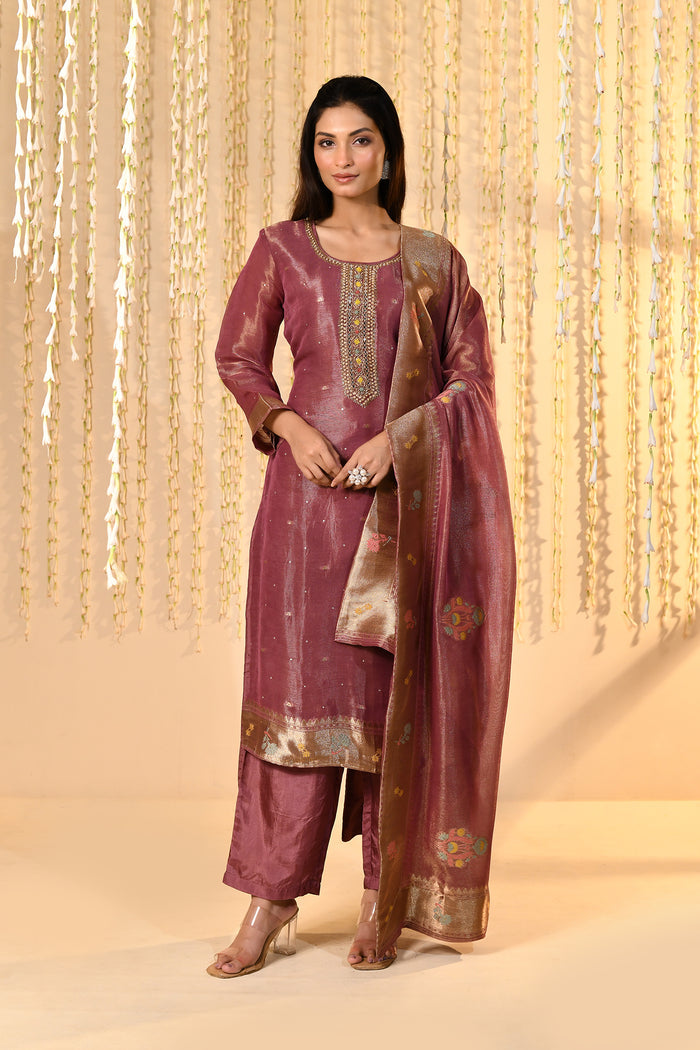 Dark Cocoa Pink Tissue Kurta Set