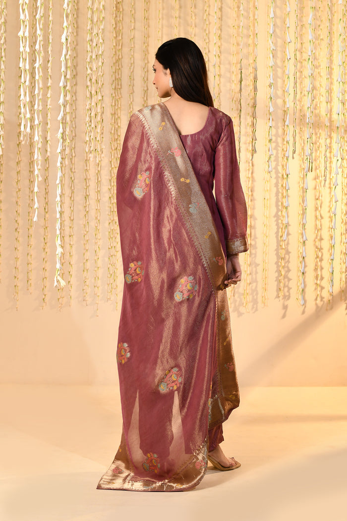 Dark Cocoa Pink Tissue Kurta Set