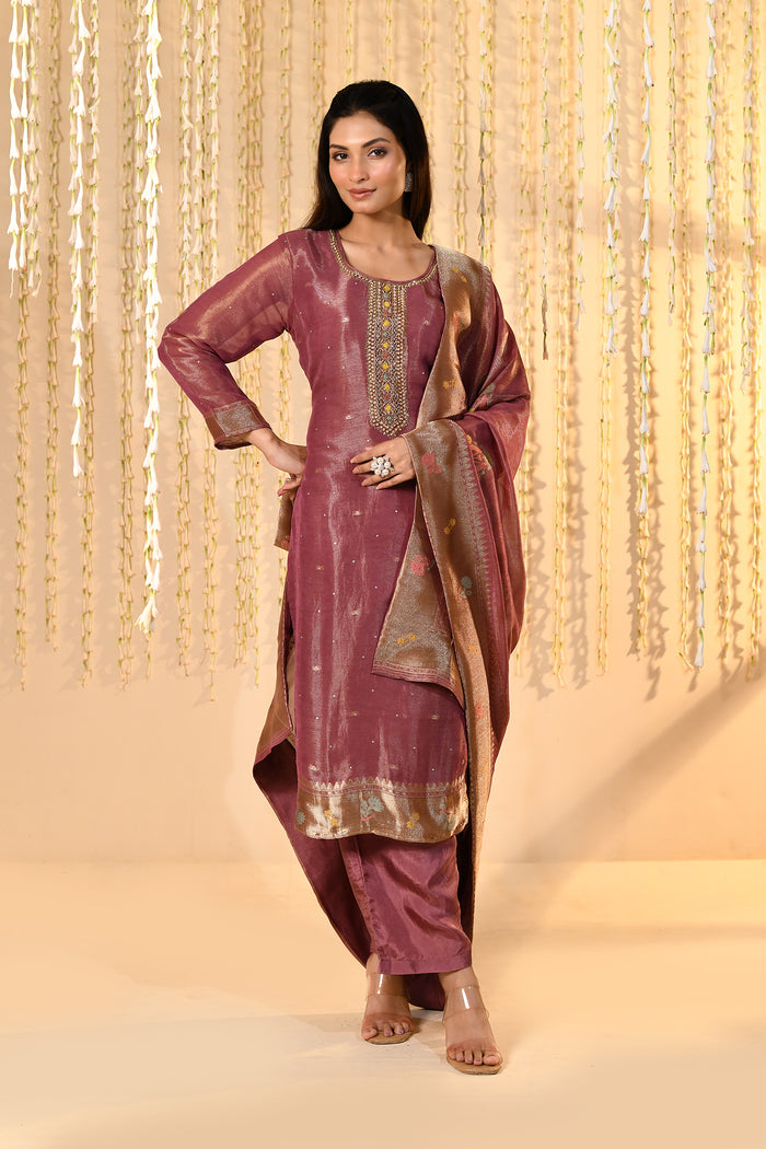 Dark Cocoa Pink Tissue Kurta Set