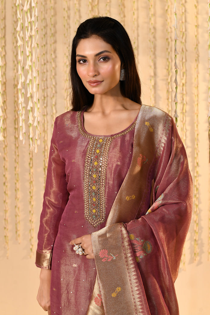 Dark Cocoa Pink Tissue Kurta Set