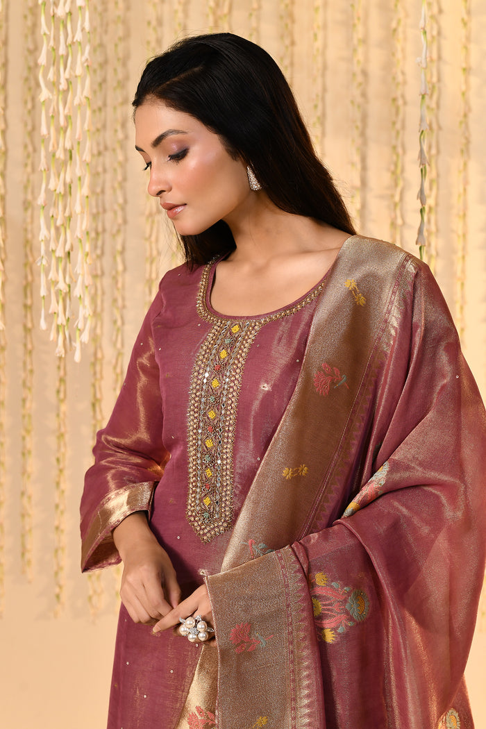 Dark Cocoa Pink Tissue Kurta Set