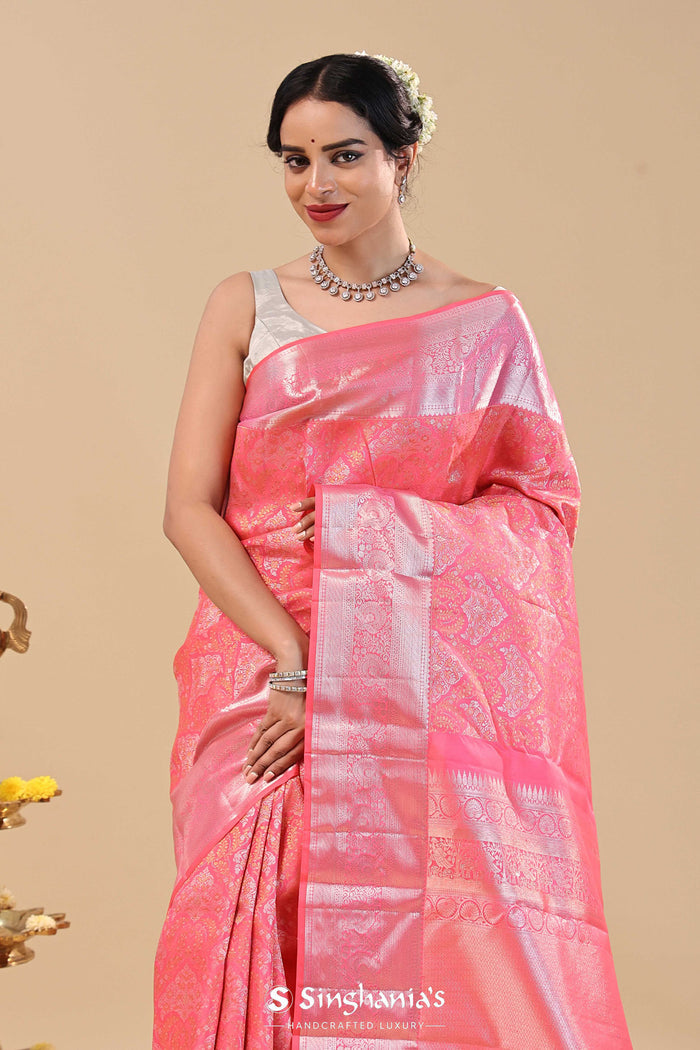 Dark Coral Pink Kanjivaram Saree With Floral Design