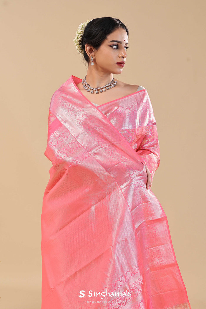Dark Coral Pink Kanjivaram Saree With Floral Design