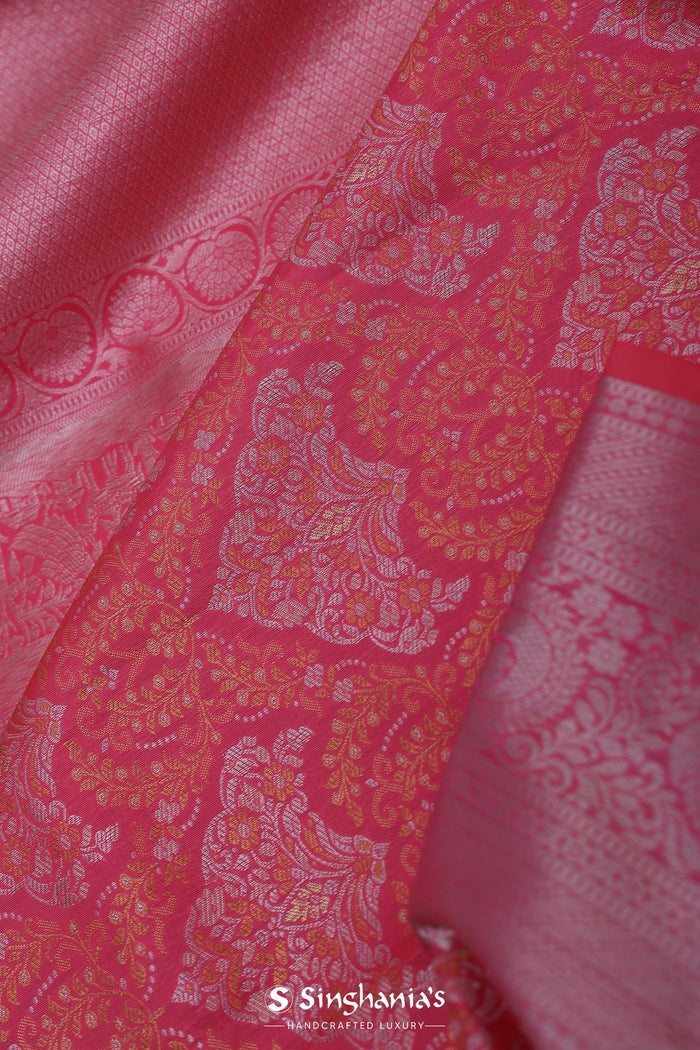 Dark Coral Pink Kanjivaram Saree With Floral Design