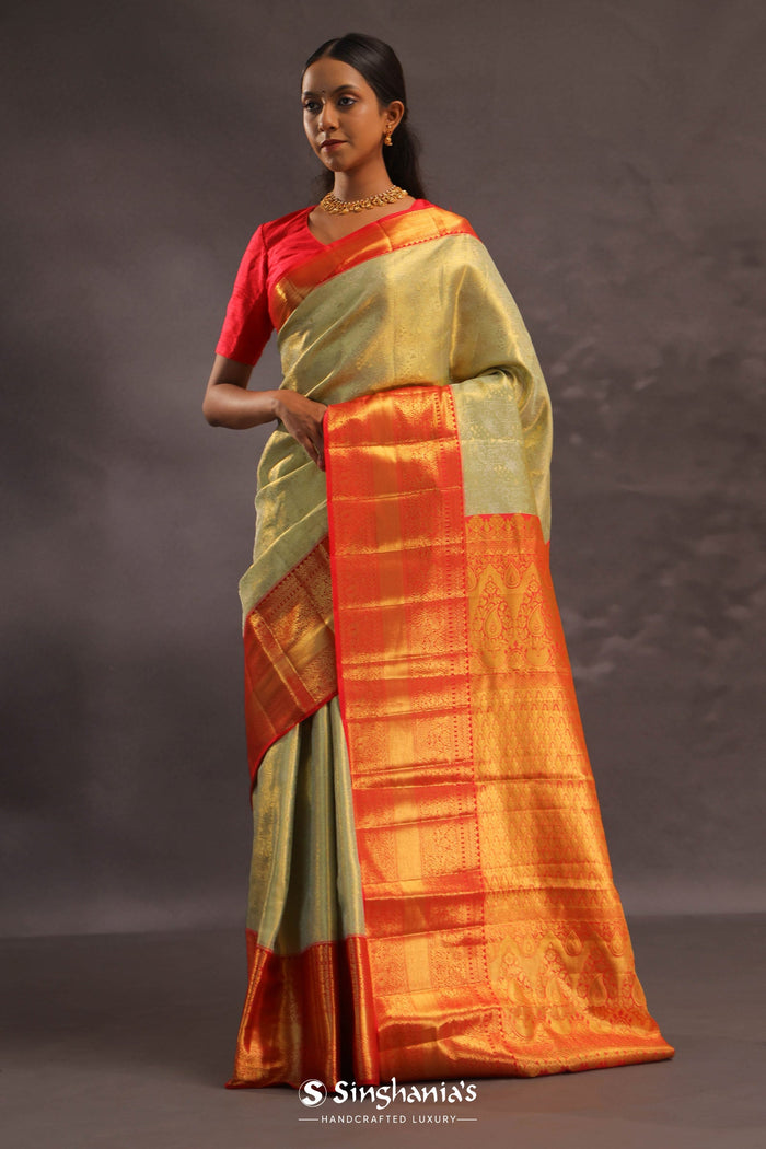 Dark Cream Kanjivaram Tissue Silk Saree With Vibrant Orange Border