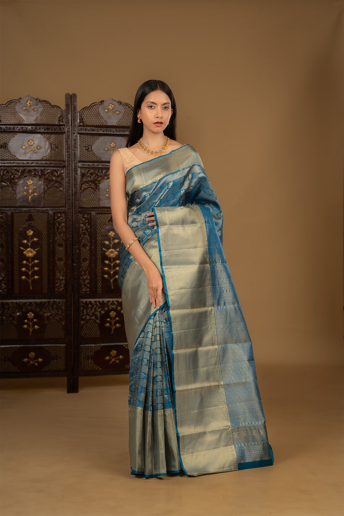 Dark Cyan Blue Floral Kanjivaram Silk Saree