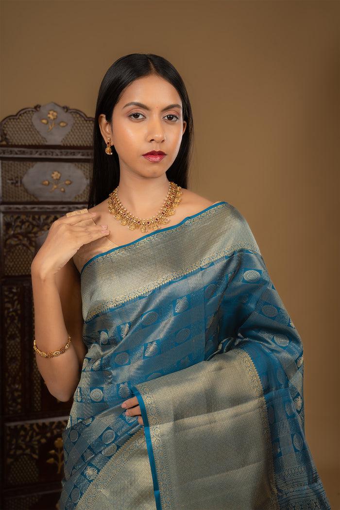 Dark Cyan Blue Floral Kanjivaram Silk Saree