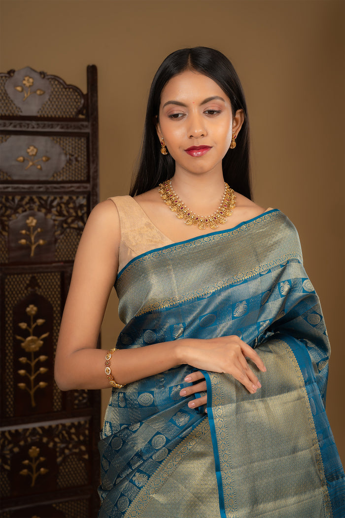 Dark Cyan Blue Floral Kanjivaram Silk Saree