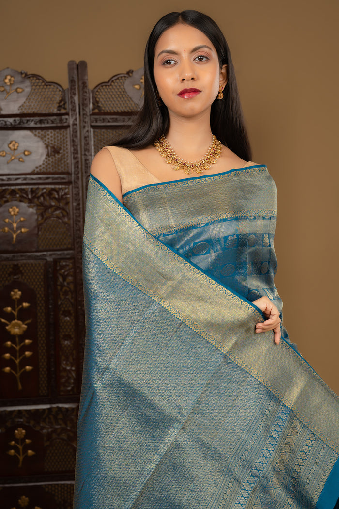 Dark Cyan Blue Floral Kanjivaram Silk Saree
