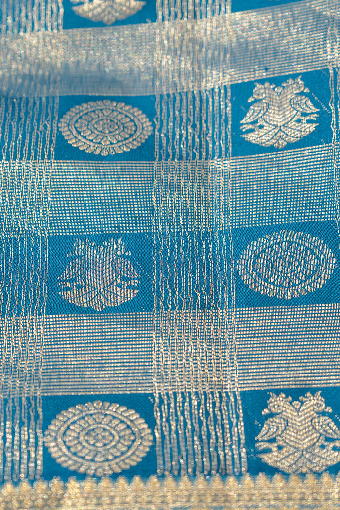 Dark Cyan Blue Floral Kanjivaram Silk Saree