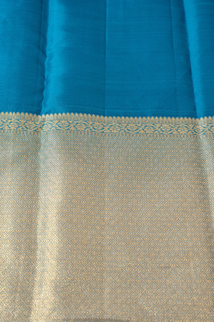 Dark Cyan Blue Floral Kanjivaram Silk Saree