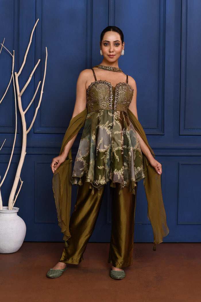 Dark Earthy Green Satin Peplum Set